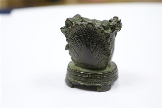 A modern soapstone seal, an 18th century Chinese bronze figure from a censer and a Chinese bronze of a napa cabbage and cricket tallest